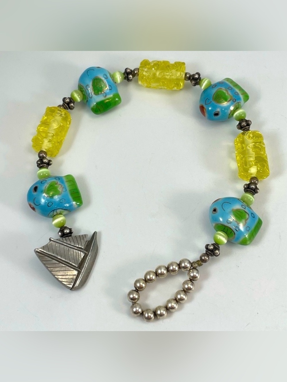 Vintage Danforth Pewter 1994 Glass Fish Beaded Nautical Bracelet Statement